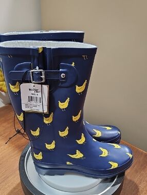 Western Chief Navy Boots with Yellow Chicken Print